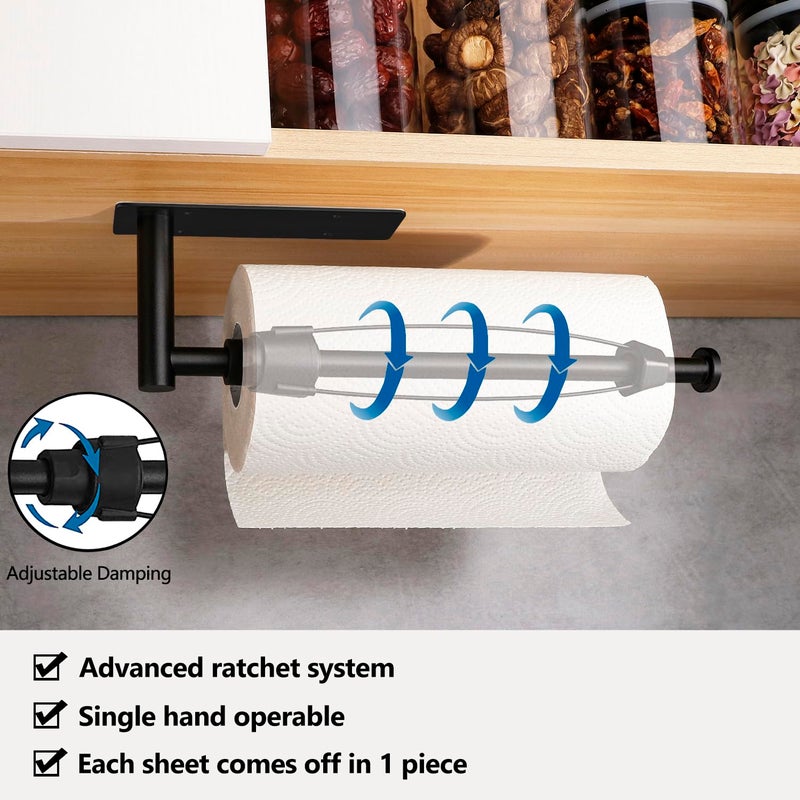 Gewtur Black Paper Towel Holder Under Cabinet  Single Hand Operable Wall Mount Paper Towel Roll Holder with Damping Effect  Self-Adhesive or Drilled for Kitchen Bathroom  SUS304 Stainless Steel - Image 2